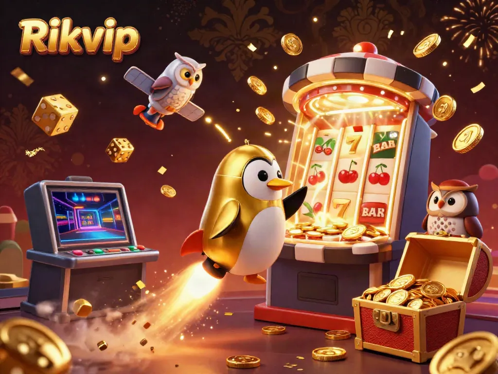 Engage in thrilling gameplay with Rikvip as the golden penguin blasts through space towards a vibrant casino.
