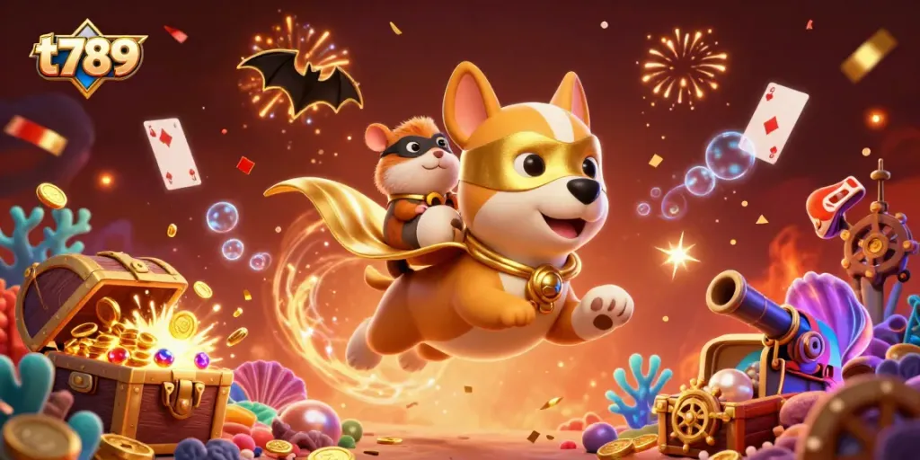 Play exciting t789 games with a superhero dog flying and gold coins raining down in a vibrant casino scene.