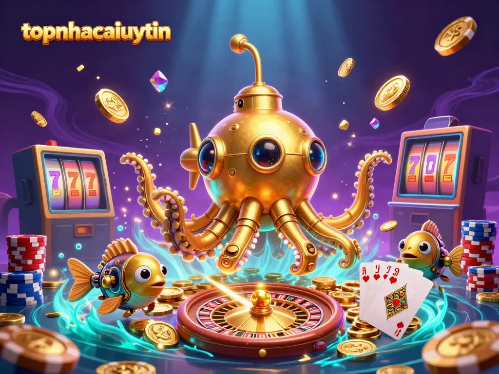 Experience the excitement of topnhacaiuytin with an underwater scene featuring a golden kraken submarine and vibrant casino elements.