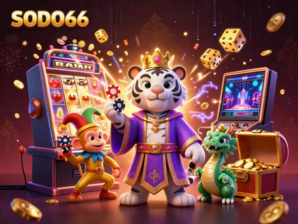 SODO66 showcases a vibrant casino scene with a tiger, monkey, and dragon amidst a jackpot explosion.