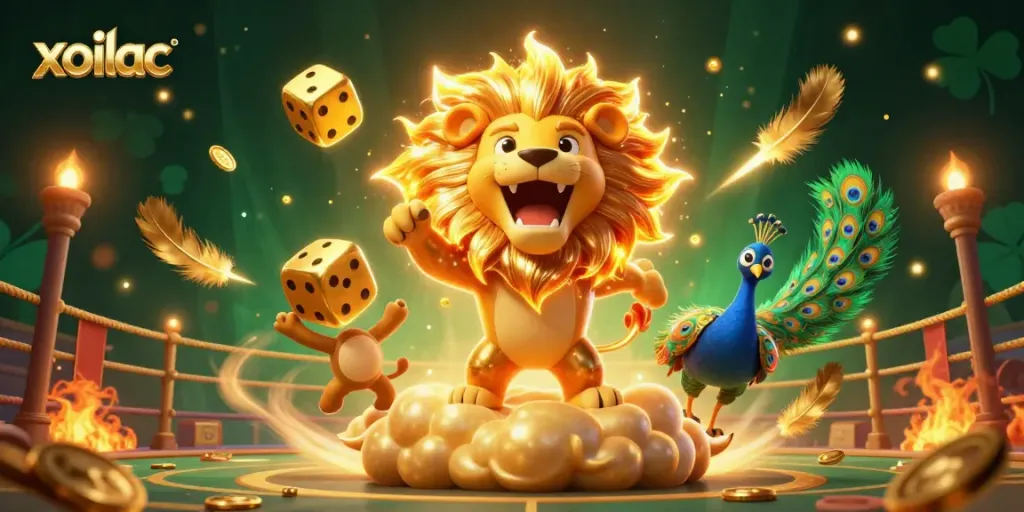 Xoilac sports betting scene with a lion, golden dice, and vibrant background.