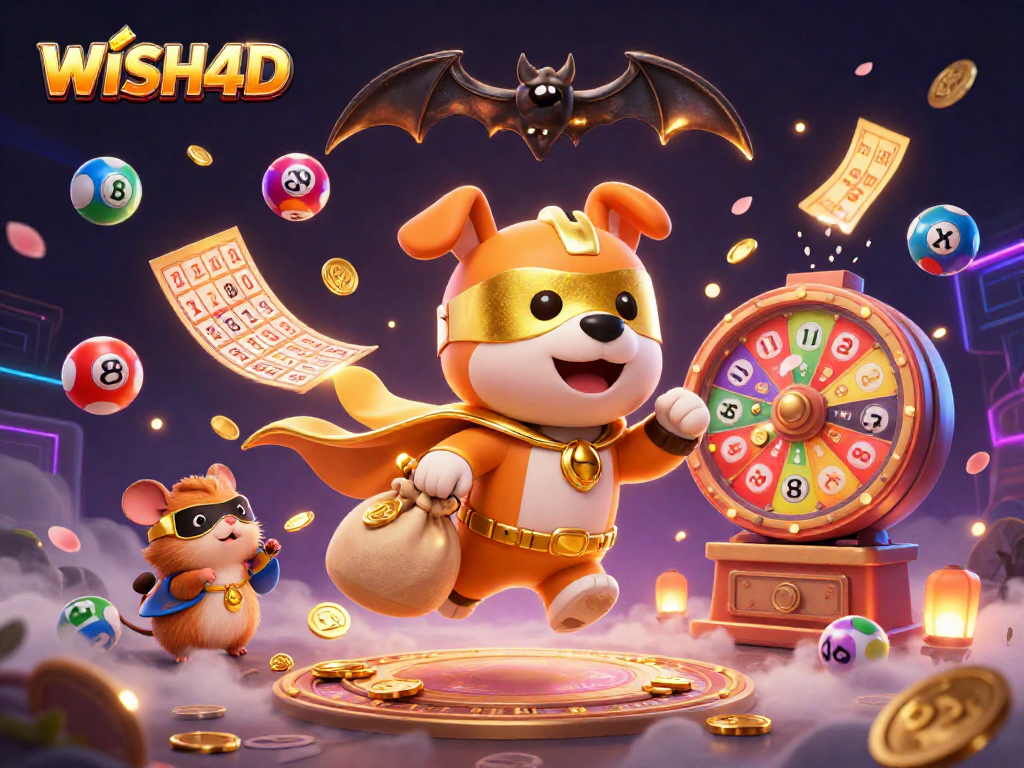 WISH4D promotes excitement with a superhero dog flying amid dynamic lottery elements in a vibrant casino scene.