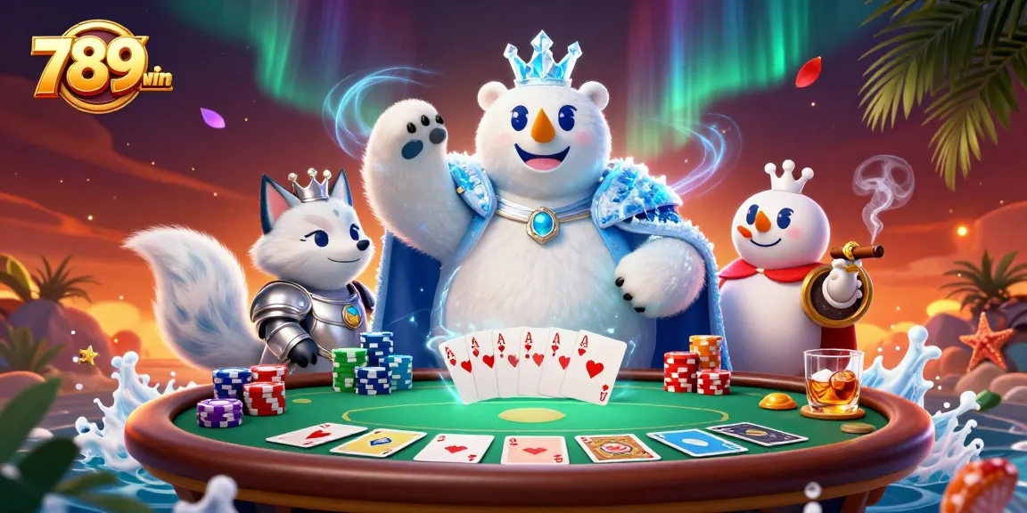 Experience the excitement of poker at 789win with a vibrant 3D cartoon scene showcasing a polar bear and snow fox.