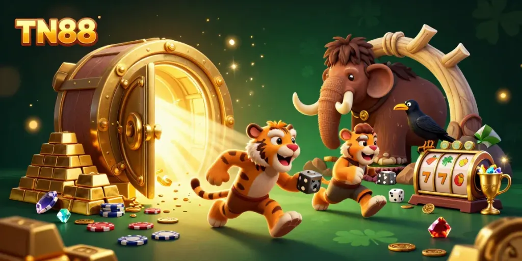 Engage in thrilling slot adventures at TN88, with prehistoric characters in a vibrant casino scene.