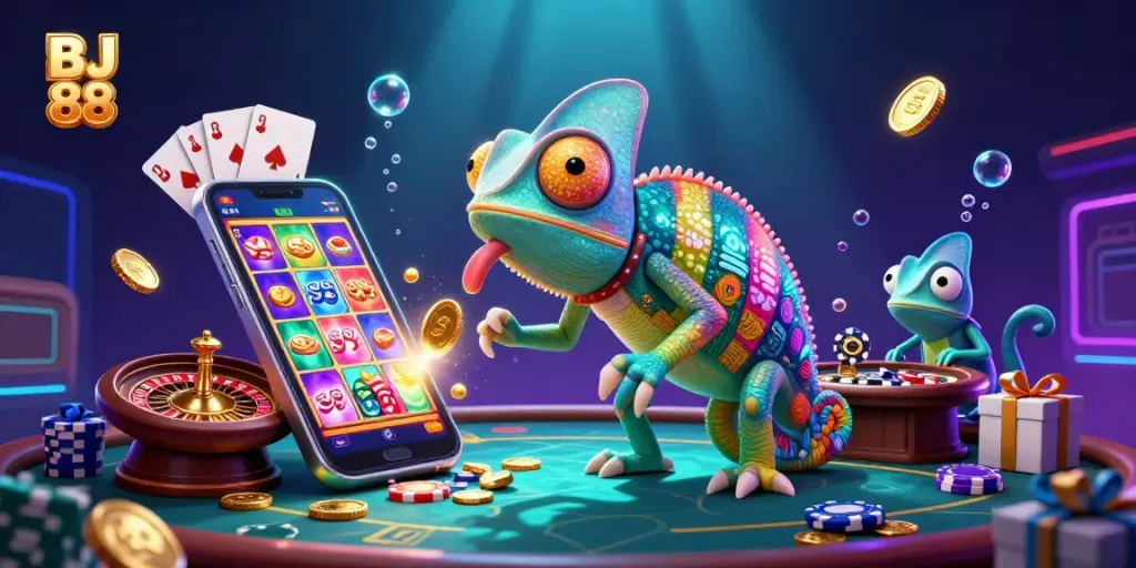 Engage with BJ 88's vibrant casino scene featuring a colorful chameleon and exciting gaming elements.