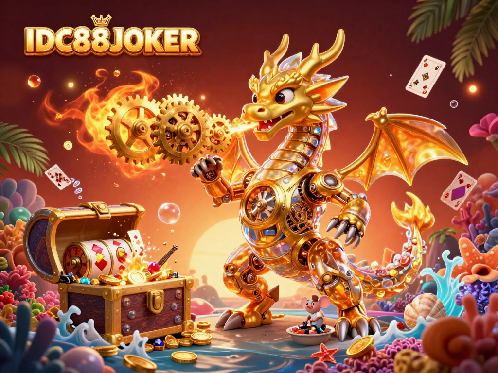 Engage with IDC88JOKER's golden dragon amidst riches and vibrant slots in an immersive gaming scene.