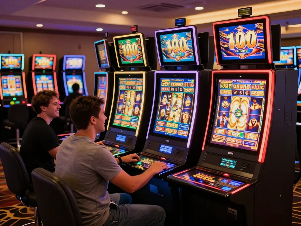 Players enjoying various slot machines, including many options for slot bet 100, creating an exciting casino atmosphere.