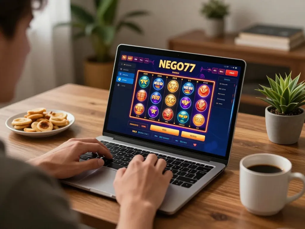 Player engaging with NEGO77 casino games on laptop, showcasing responsible gaming practices in a cozy home setting.