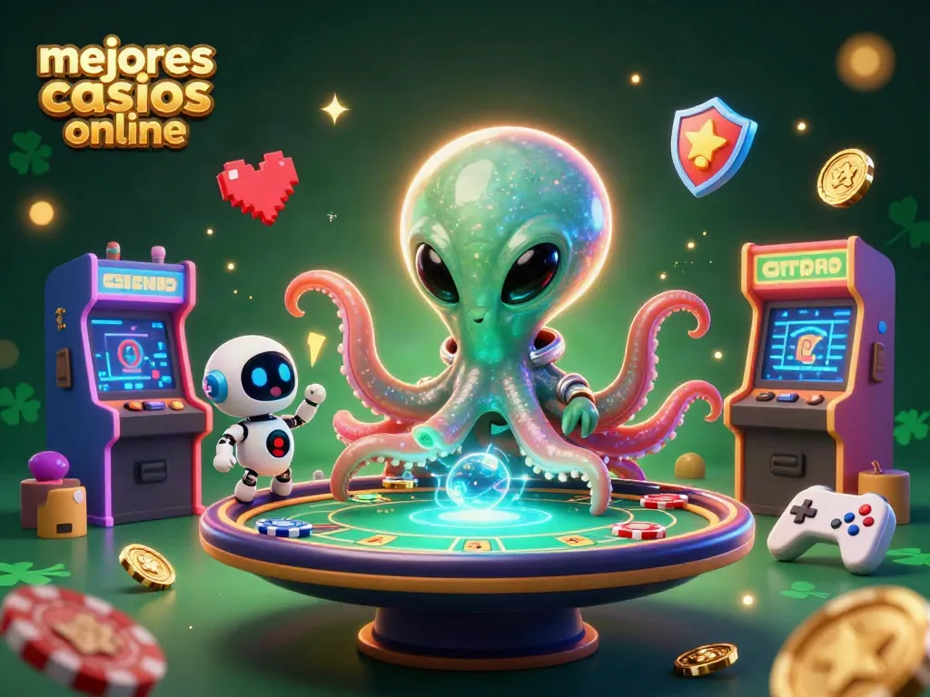 Explora los mejores casinos en línea en una emocionante escena de juego intergaláctico con un pulpo alienígena.