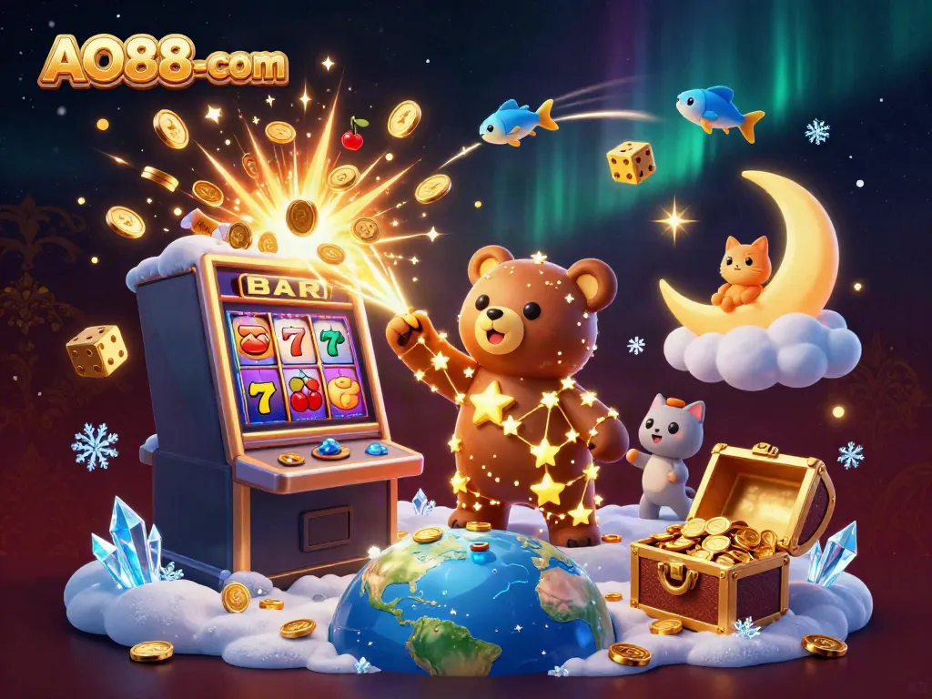 Experience the magic of AO88-com with a vibrant casino-themed 3D illustration featuring playful characters.