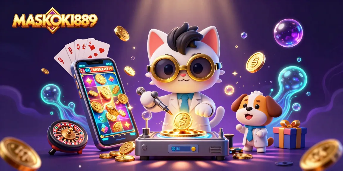 Experience the excitement of MASKOKI889 with vibrant slots and casino elements surrounding a mad scientist theme.