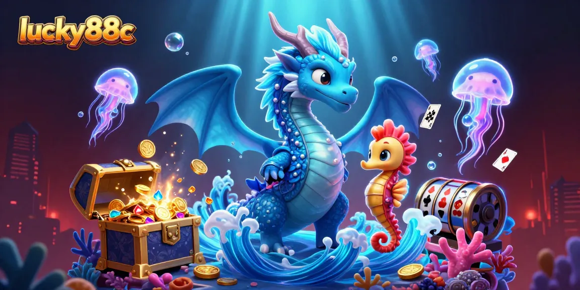 Engage with the vibrant lucky88c world filled with a dragon, seahorse knight, and lively slot games.