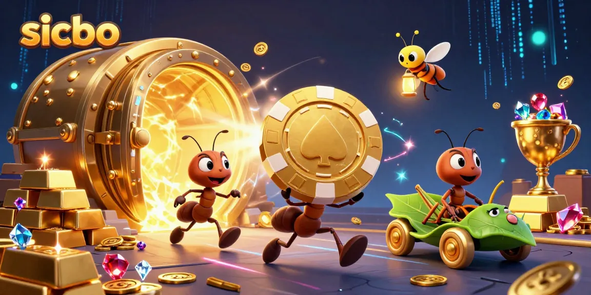 Sicbo action comes alive as animated ants heist a golden poker chip, surrounded by treasure and glowing effects.