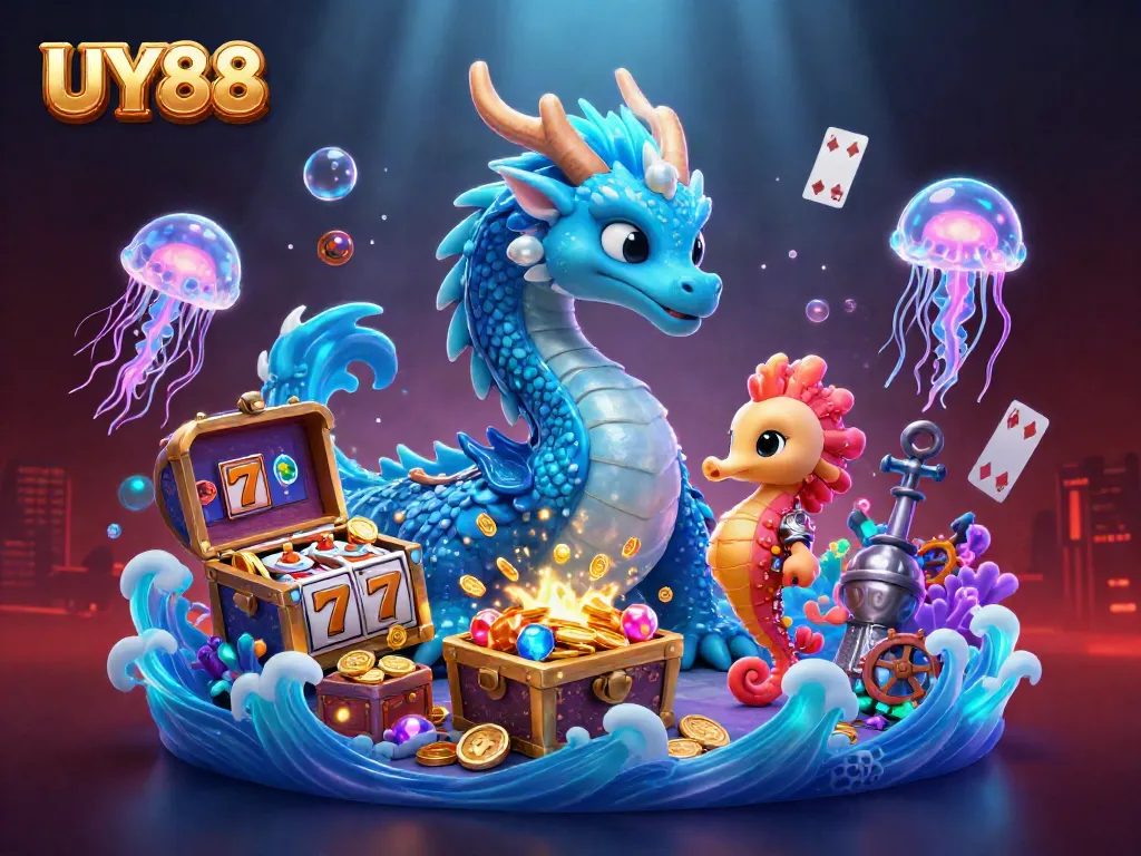 Experience the thrill of UY88 with captivating underwater excitement featuring a majestic dragon, seahorse knight, and glittering treasures.
