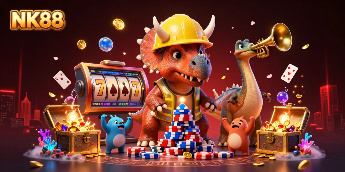 Frolic with NK88's 3D triceratops building a casino chip pyramid amid vibrant gaming elements.