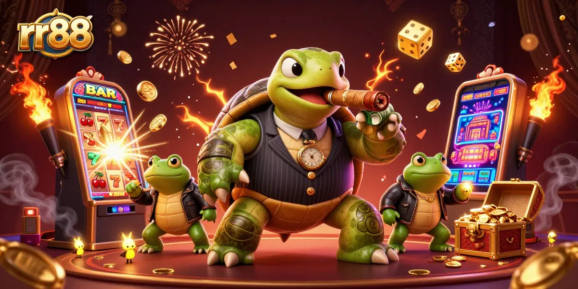 rr88 showcases a vibrant casino scene with a snapping turtle and bullfrog enforcers, championing fun.