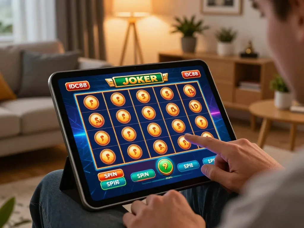 Engaging player enjoying IDC88 JOKER slots on a tablet, blending entertainment and strategy
