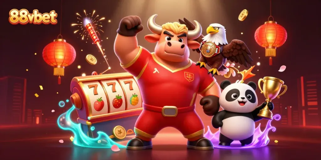 88vbet's dynamic casino victory scene featuring a bull mascot, eagle, and panda with vibrant slot game elements.