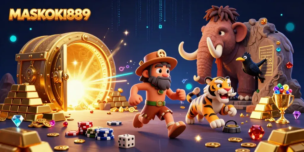 Experience the excitement of MASKOKI889 with a vibrant casino scene featuring unique characters and gambling elements.
