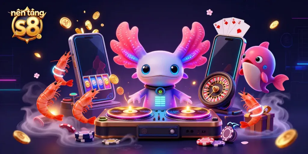 Engage with the vibrant nền tảng s8 casino experience through this colorful 3D scene featuring dynamic gameplay elements.