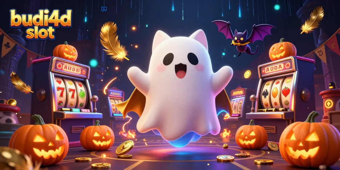 Spin to win on budi4d slot with a ghost cat in a haunted casino atmosphere, jackpot reels, and vibrant energy