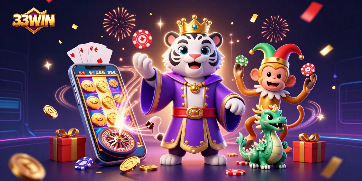 Engaging casino scene showcasing 33WIN with a majestic tiger, jester monkey, and dragon amidst vibrant game elements.