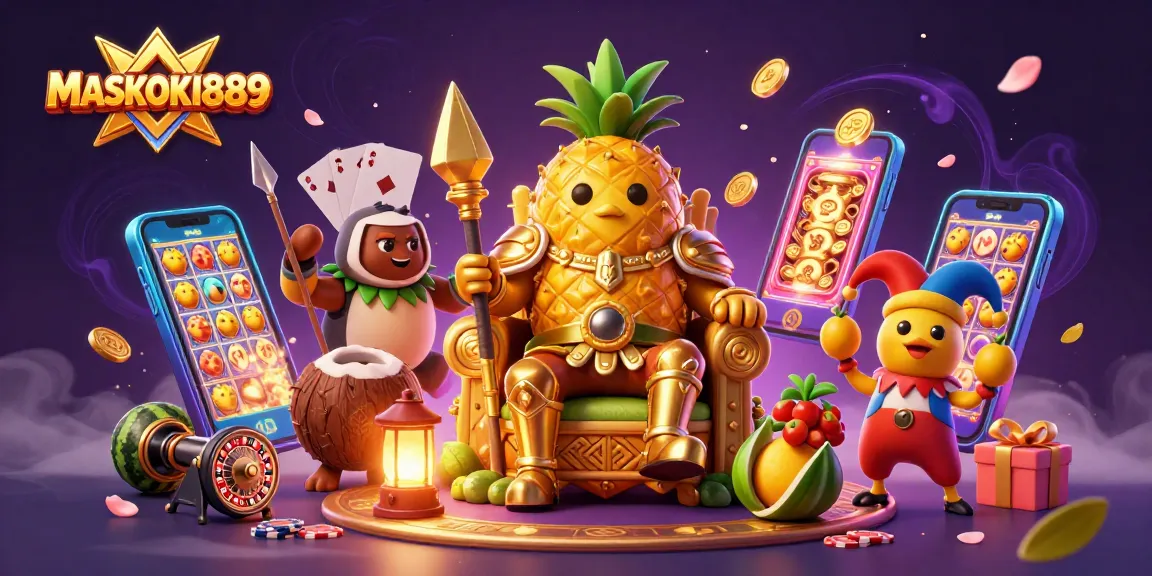 Experience the vibrant gaming world of MASKOKI889, featuring the golden pineapple king and dynamic slot games.