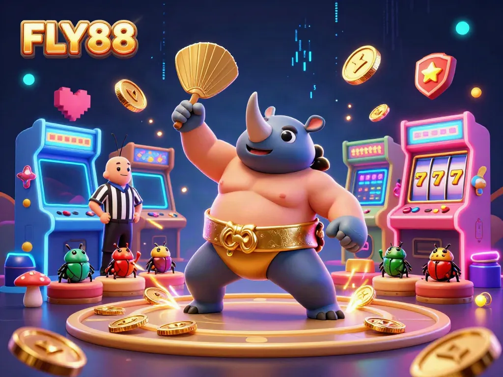 Experience the excitement of FLY88 as a beetle champion stomps coins in a vibrant casino game scene.