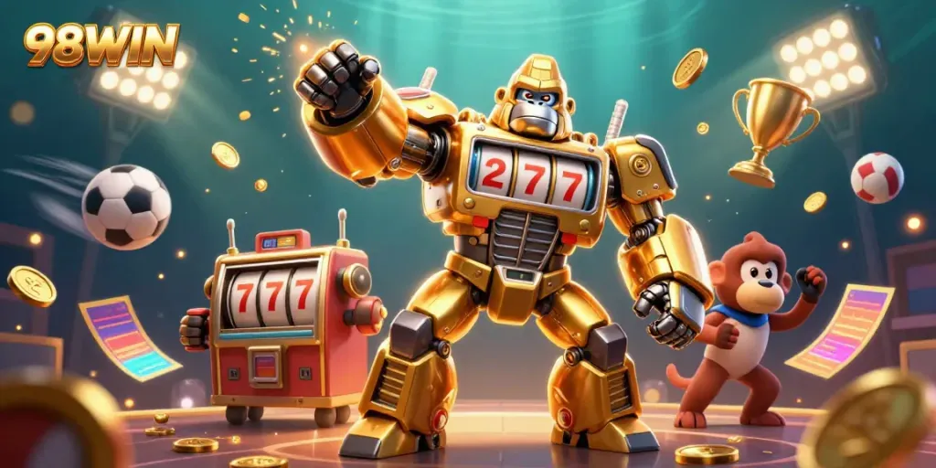 Experience the thrill of winning with 98WIN's golden gorilla mech in an energetic casino scene filled with dynamic sports elements.