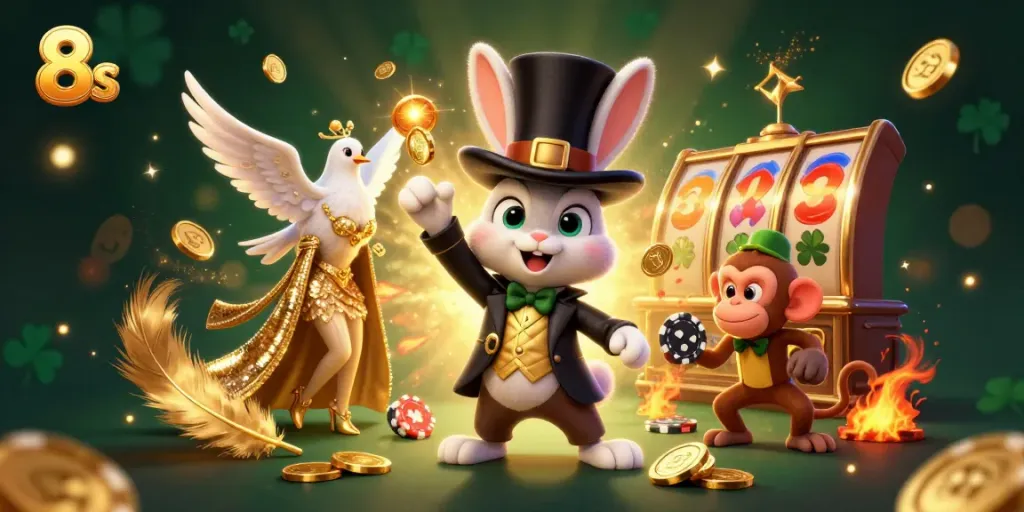 Engage in thrilling action with 8s as a magician rabbit pulls coins from a top hat, featured in a lively casino scene.