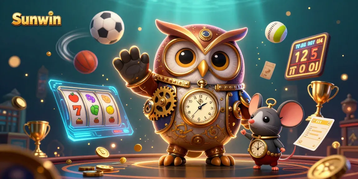 Engage with Sunwin's new casino adventures in this vibrant, action-packed illustration featuring game elements and characters.