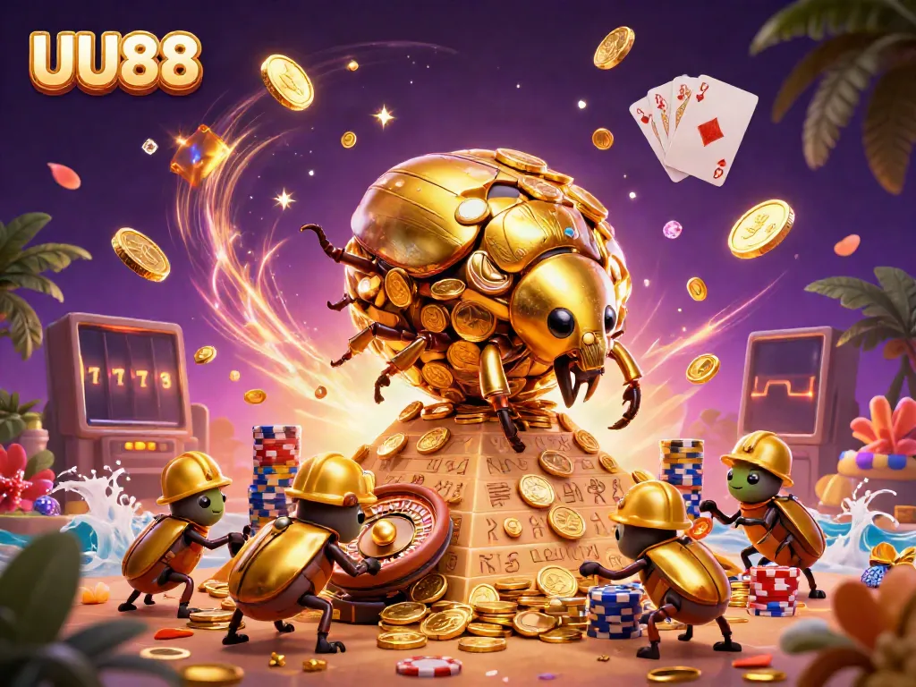 Engage with UU88's dynamic gaming experience featuring golden beetles and casino elements.