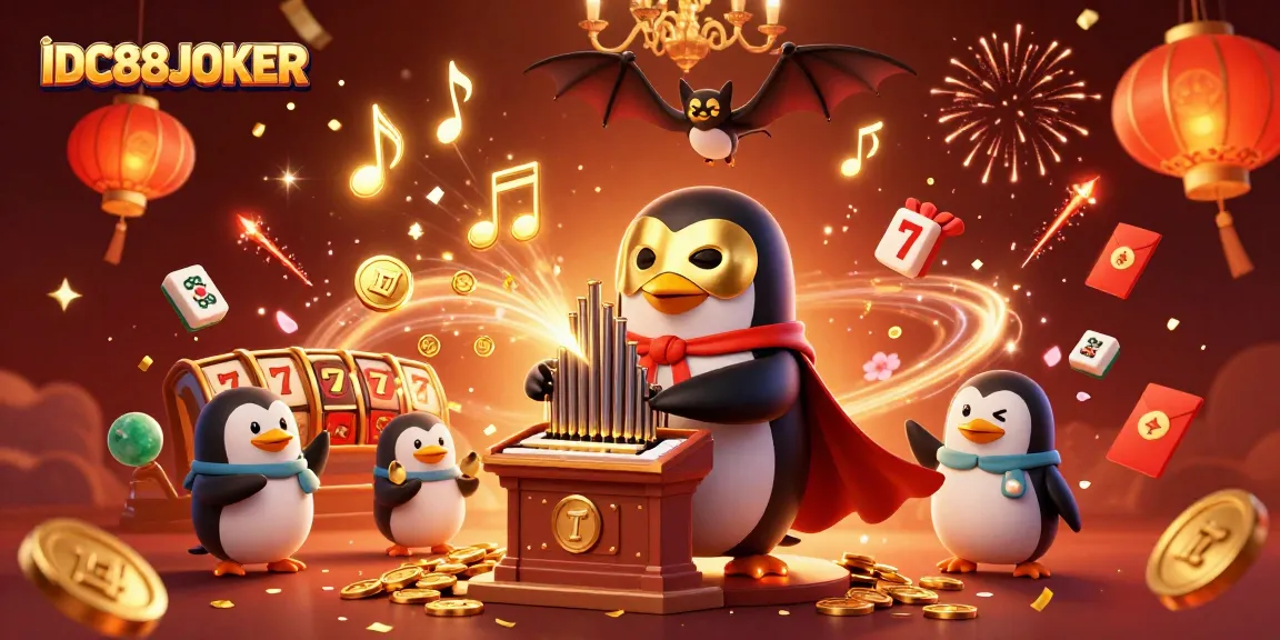 Spin with luck as the IDC88JOKER penguin reveals golden coins and slot reels in a vibrant casino scene.