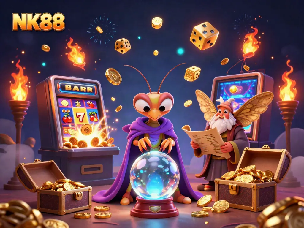 Engage with NK88's immersive casino experience featuring vibrant gaming elements and mystical fortune tellers.