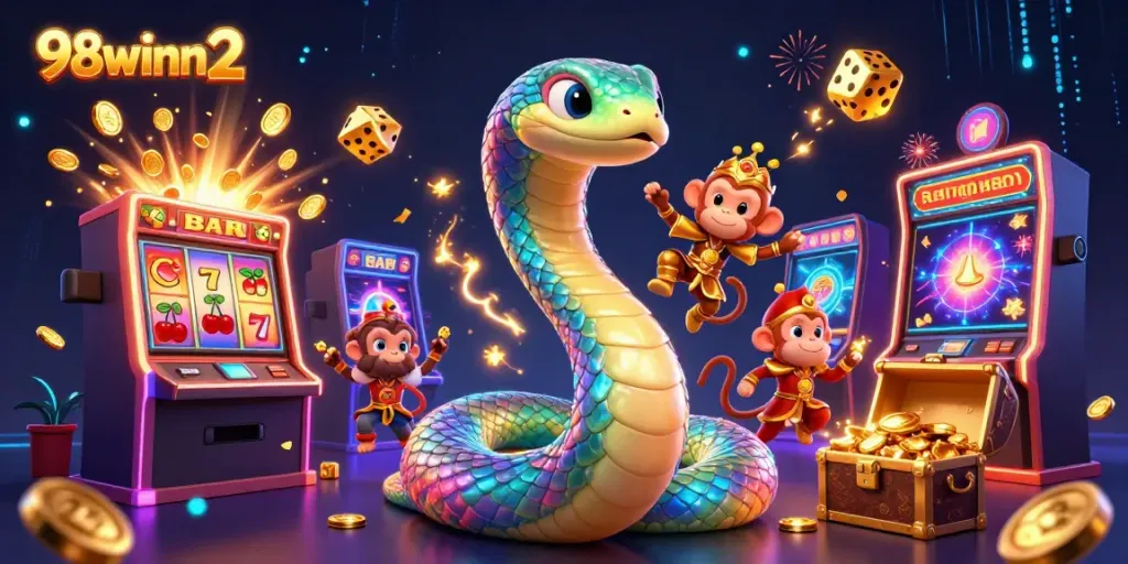 Celebrate wins and thrilling moments at 98winn2 with an energetic gaming scene featuring vibrant characters and casino elements.