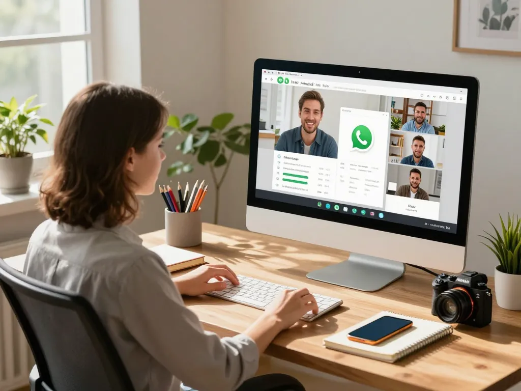 在现代家庭办公室环境中使用WhatsApp网页版进行视频通话和消息交流的桌面体验。