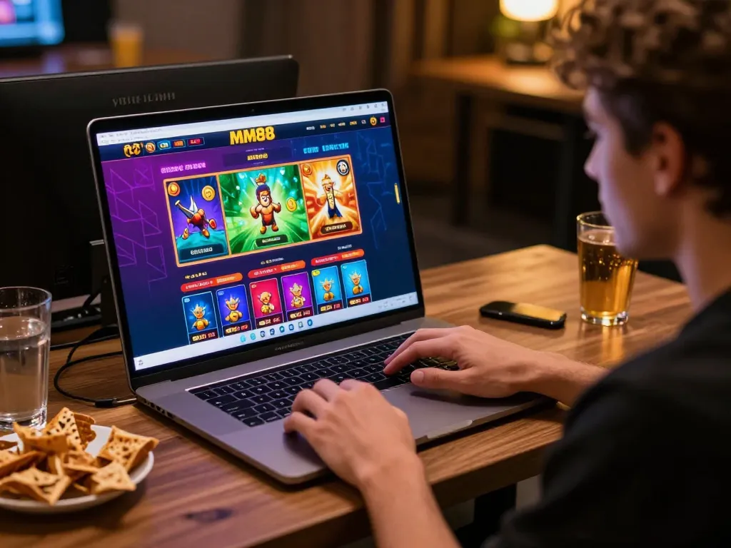 Engaged player using MM88 online casino platform showcasing vibrant games and strategic betting