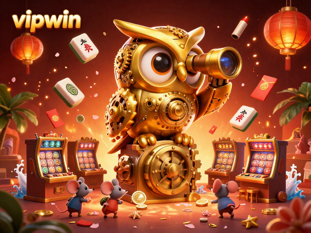 Experience thrilling action at vipwin's lively casino with a golden owl and mouse patrons amidst dynamic gaming elements.