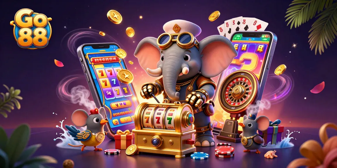 Experience Go 88's playful gaming environment with a steampunk theme and dynamic casino elements.