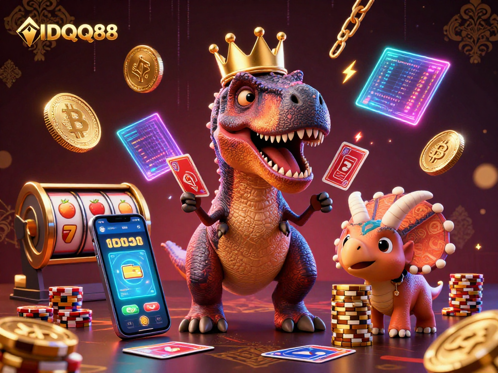Spin with IDQQ88 as a crowned T-Rex shuffles cards amid vibrant casino elements.