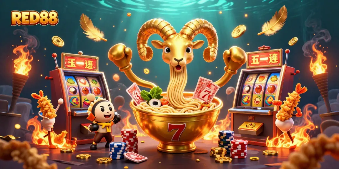 RED88 showcases a vibrant gaming scene with a ramen bowl dealer, slot machine elements, and dynamic energy.