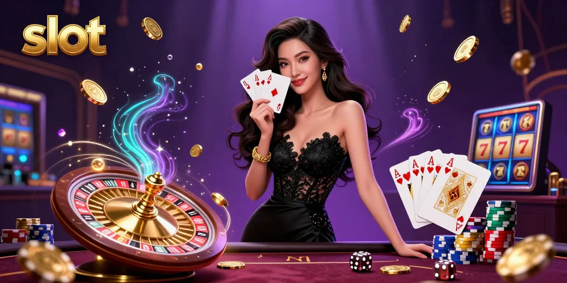 Rasakan aksi slot yang mendebarkan dengan seorang wanita Asia yang glamor memegang kartu permainan di tengah elemen kasino yang berkilau.
