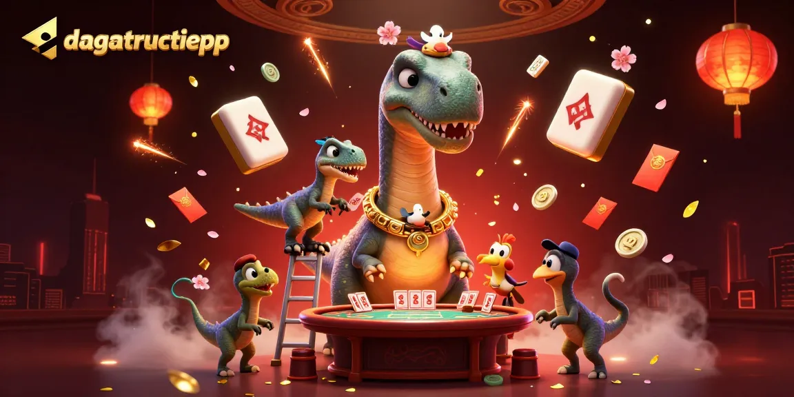 Engage with dagatructiepp by exploring a vibrant 3D illustration full of dynamic casino elements and interactive characters.
