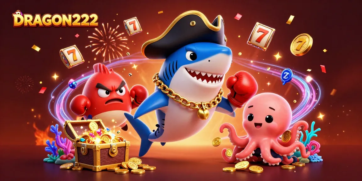 Experience the excitement of DRAGON222 with a vibrant pirate-themed casino illustration featuring a shark, pufferfish, and octopus.