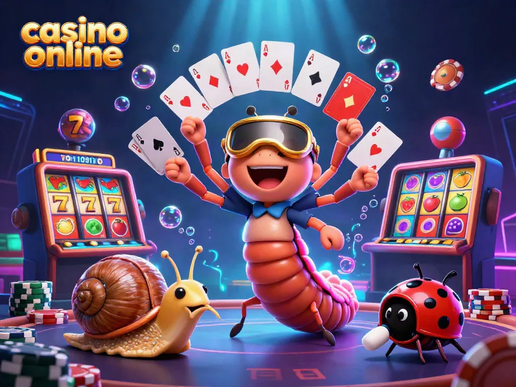 Juega en un casino online con un caracol apostador que empuja una pila de fichas en una escena dinámica.
