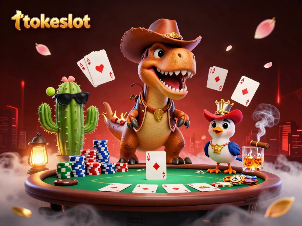 Experience exciting gameplay at tokeslot with a lively scene of a T-Rex, cactus, and roadrunner amidst poker elements.