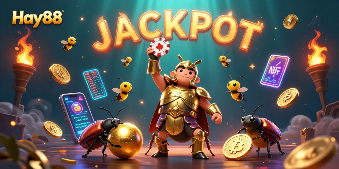 Experience the excitement of Hay88 with a vibrant 3D scene showcasing a golden-armored beetle and dazzling casino elements.