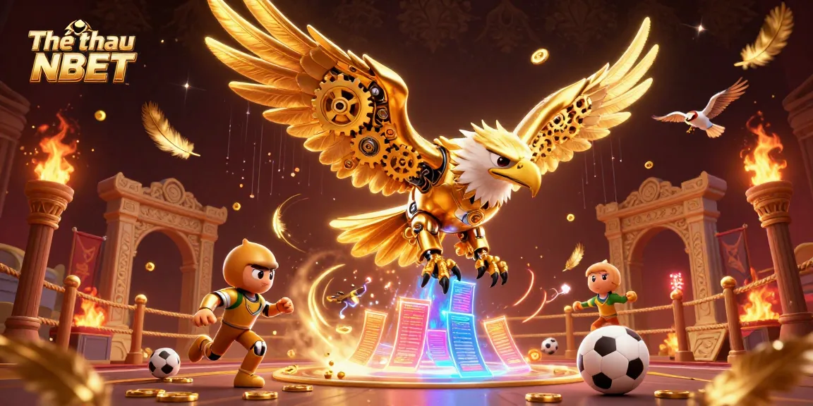 Engage in exhilarating sports betting with Thể thao NBET, featuring a dynamic 3D illustration of a golden eagle, betting slips, and energetic elements.