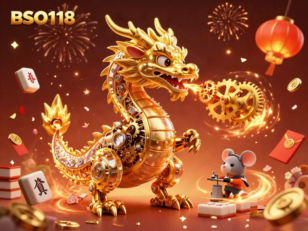 Experience immersive gaming action with BSO118's golden dragon featured in a vibrant festival scene.