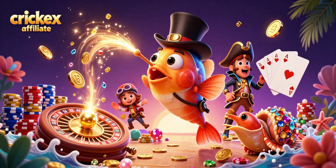 Crickex affiliate features a dynamic scene with anglerfish attracting golden coins amidst vibrant casino elements.
